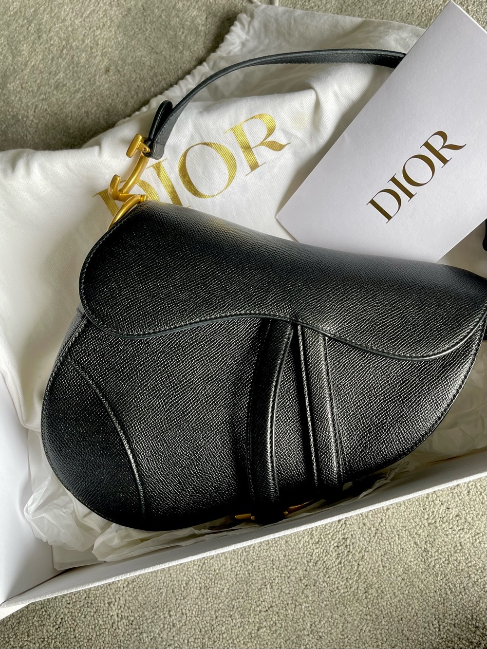 Authentic Christian Dior saddle bag in black Grained calfskin